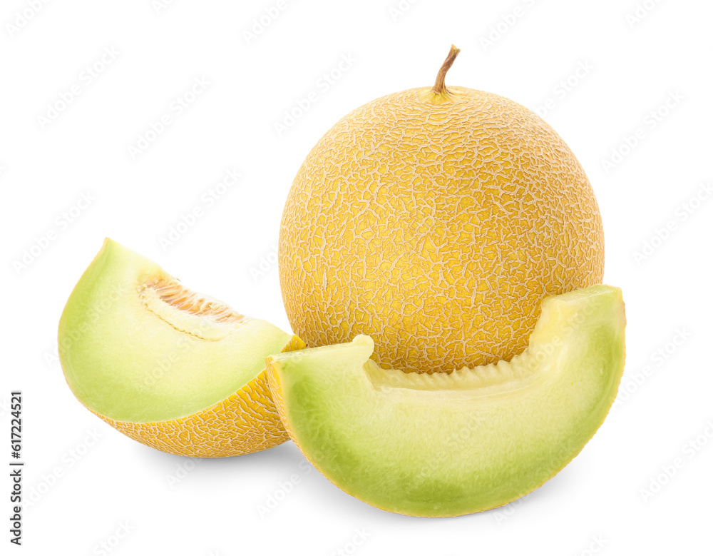 Sweet melon with pieces on white background