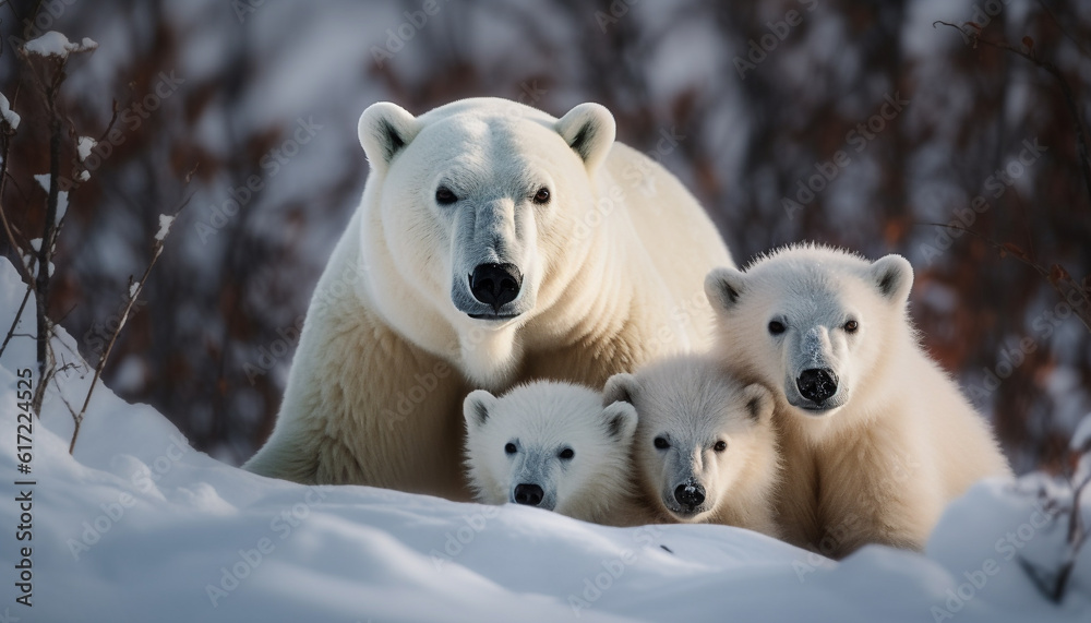 Playful arctic mammal family sitting in snowy forest, looking cute generated by AI