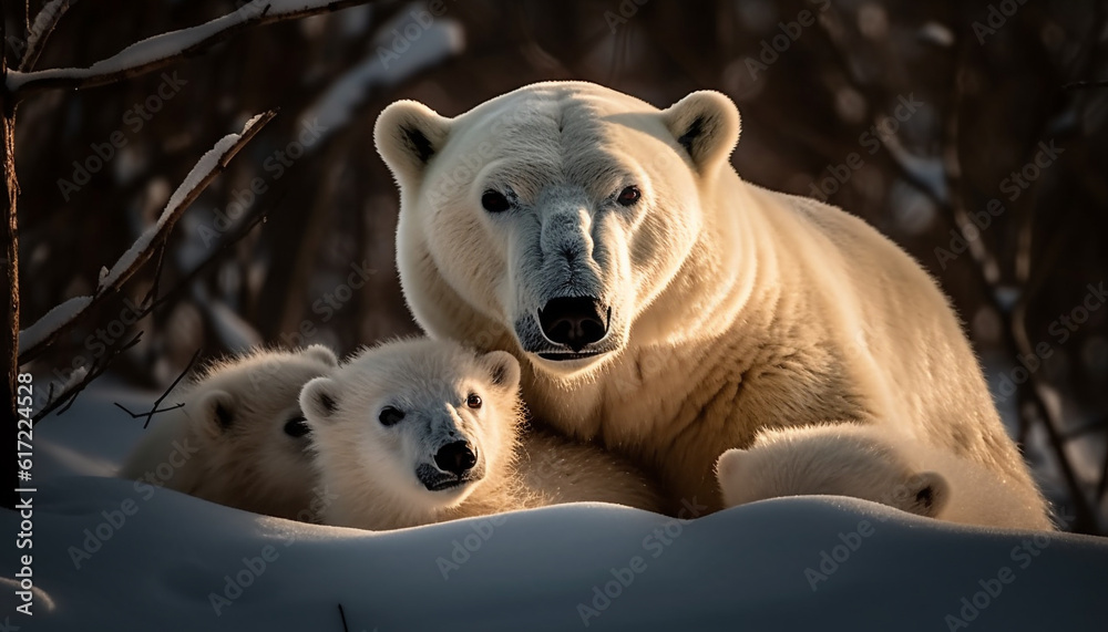 Fluffy arctic bear cub sitting in snow, looking at camera generated by AI