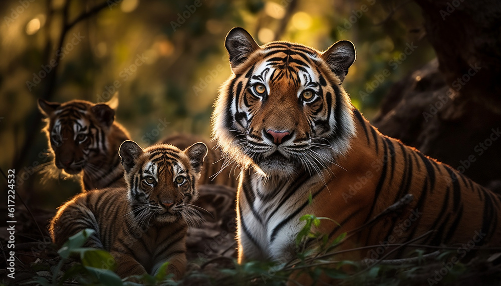 Majestic Bengal tiger staring at camera in tranquil rainforest generated by AI