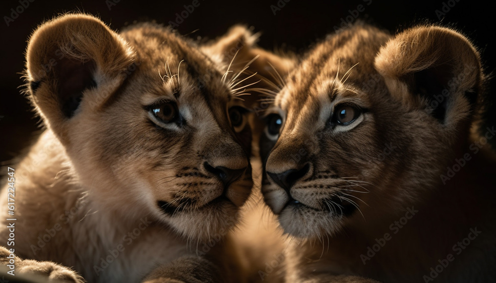 Young lion cub staring at camera, playful and cute generated by AI