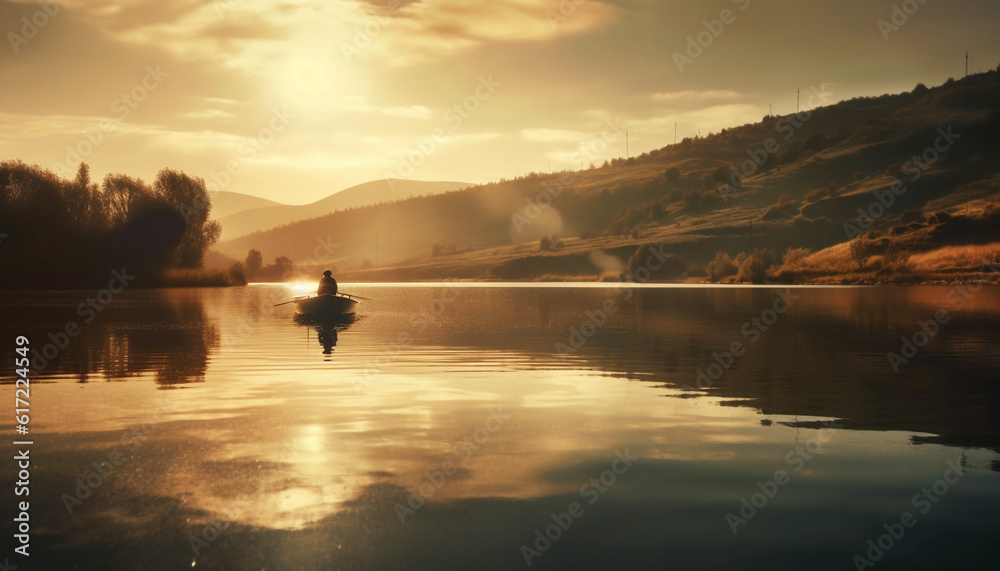 Silhouette of one person kayaking on tranquil blue pond at dusk generated by AI