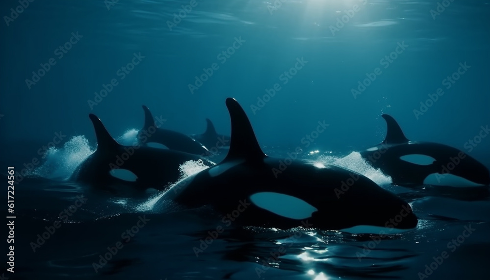 Majestic underwater landscape, playful dolphin and humpback whale in motion generated by AI