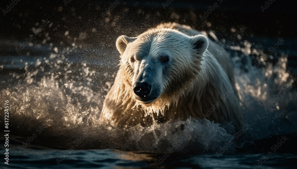 Large mammal splashing in arctic water, endangered species portrait close up generated by AI