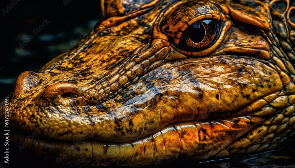 Green eyed crocodile in tropical rainforest, danger lurking in water generated by AI