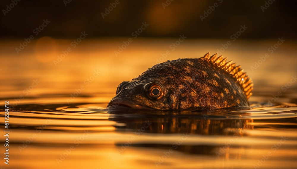 Cute aquatic pets fishing for seafood in multi colored pond reflection generated by AI