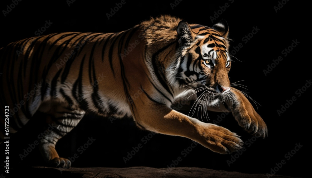 Bengal tiger staring fiercely, its striped fur a majestic beauty generated by AI