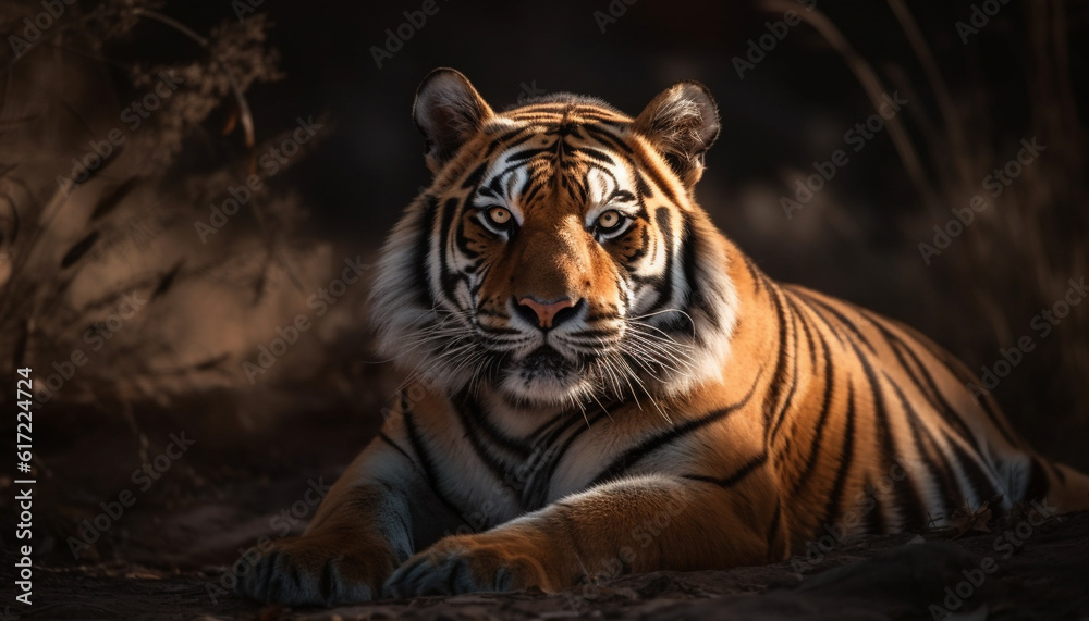 Majestic tiger staring with aggression in tropical rainforest portrait generated by AI