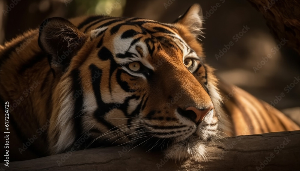 Majestic Bengal tiger staring with aggression, beauty in nature tranquility generated by AI