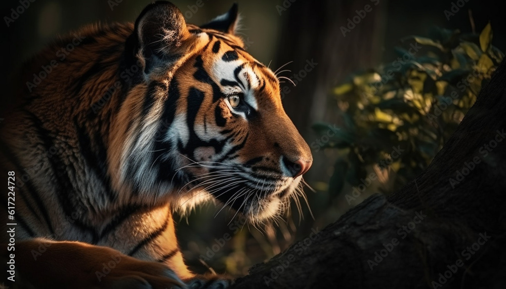 Bengal tiger staring with aggression, majestic beauty in nature generated by AI