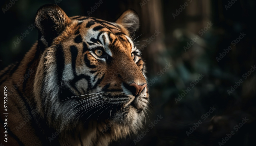 Majestic Bengal tiger staring with aggression, focus on foreground beauty generated by AI