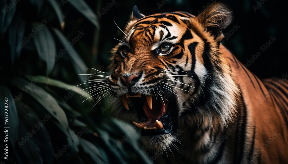 Bengal tiger staring fiercely, teeth bared, in tropical rainforest generated by AI