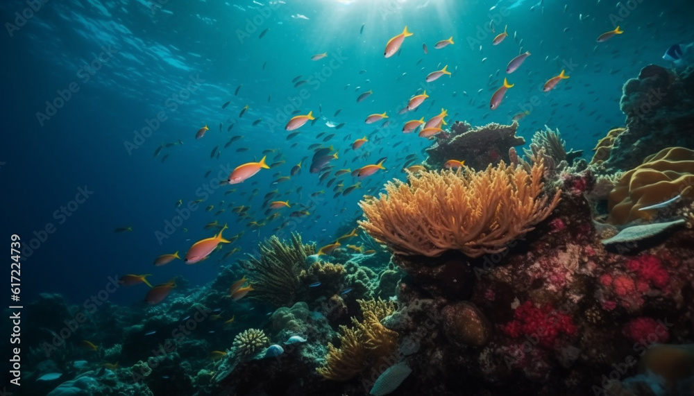 Multi colored fish swim in tropical reef, below blue water generated by AI