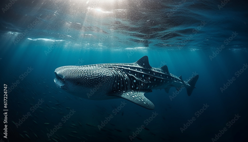 Majestic whale shark and manta ray in multi colored seascape generated by AI