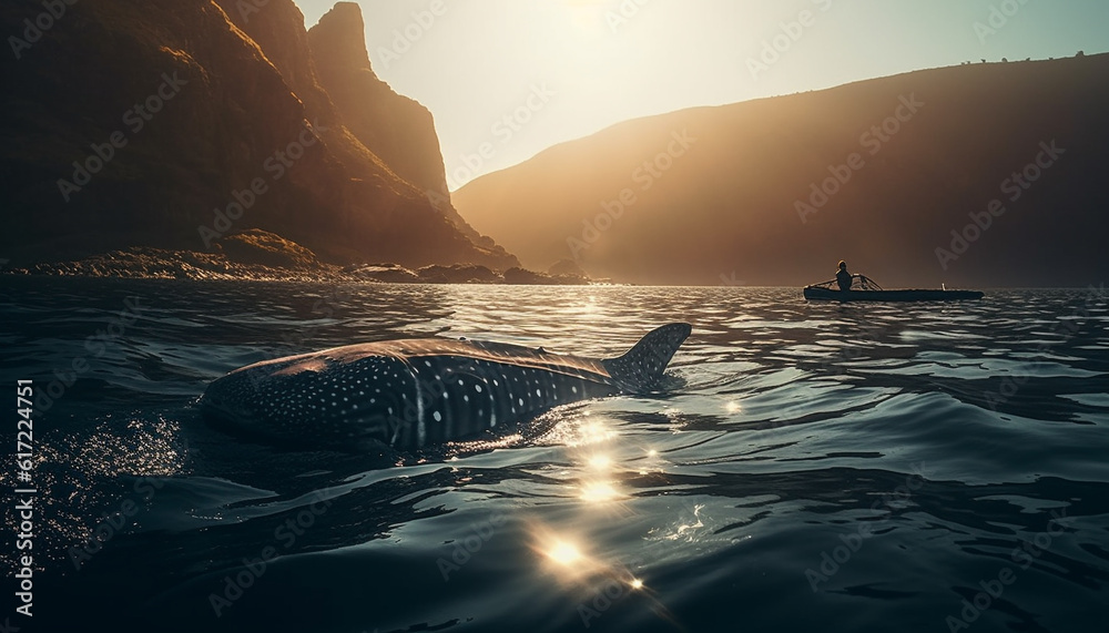 One person fishing at dusk, back lit by the sunset generated by AI