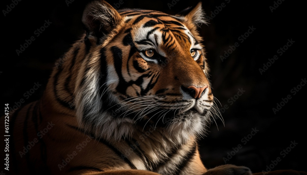 Majestic Bengal tiger staring with aggression, beauty in nature pattern generated by AI