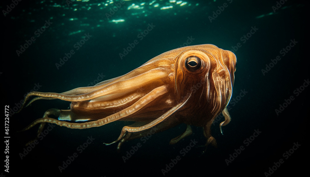 Multi colored octopus swims in deep blue sea among coral reef generated by AI