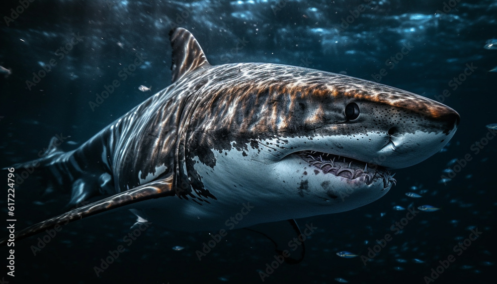 Majestic dolphin teeth pose danger in close up underwater portrait generated by AI