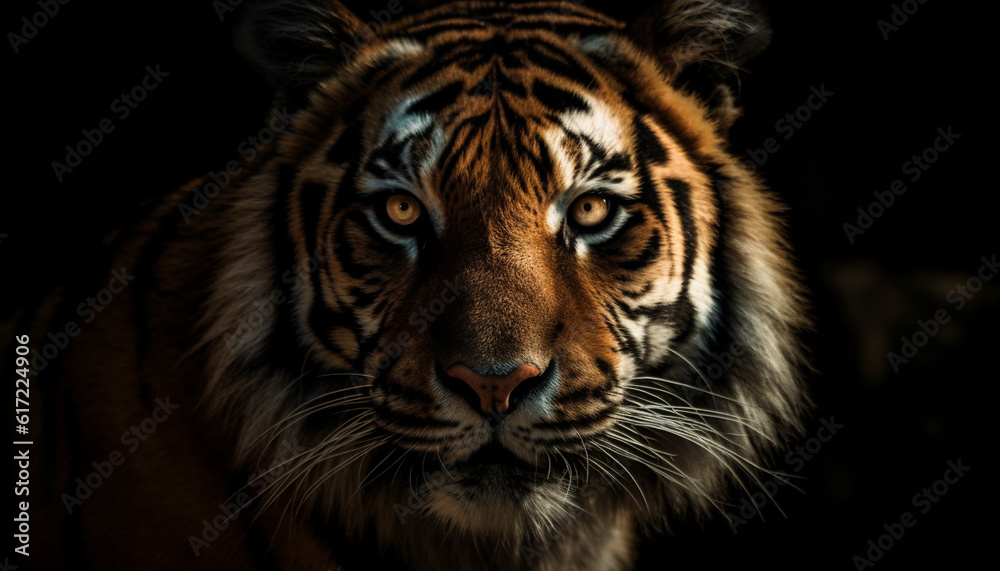 Close up portrait of majestic Bengal tiger staring fiercely outdoors generated by AI