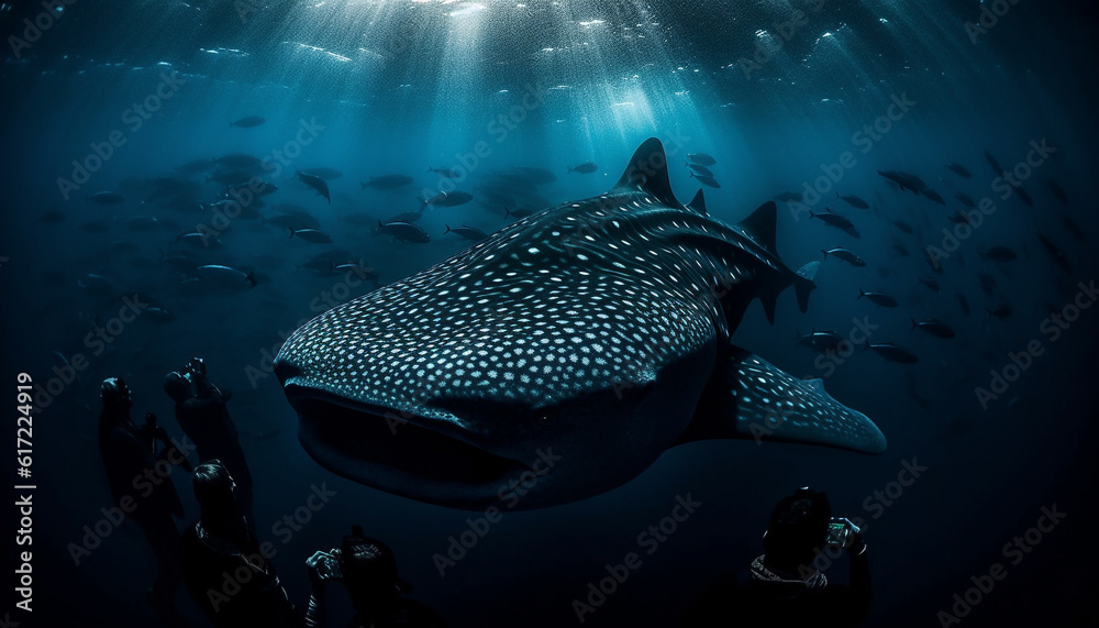 School of fish swimming in majestic coral reef below blue water generated by AI