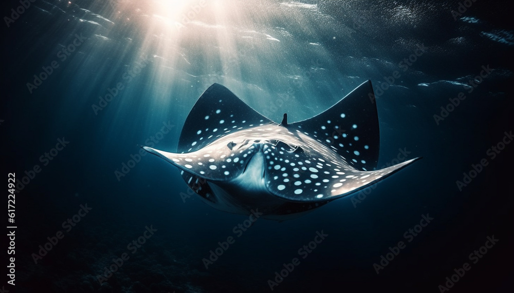 Majestic manta ray swimming below tropical reef in deep water generated by AI