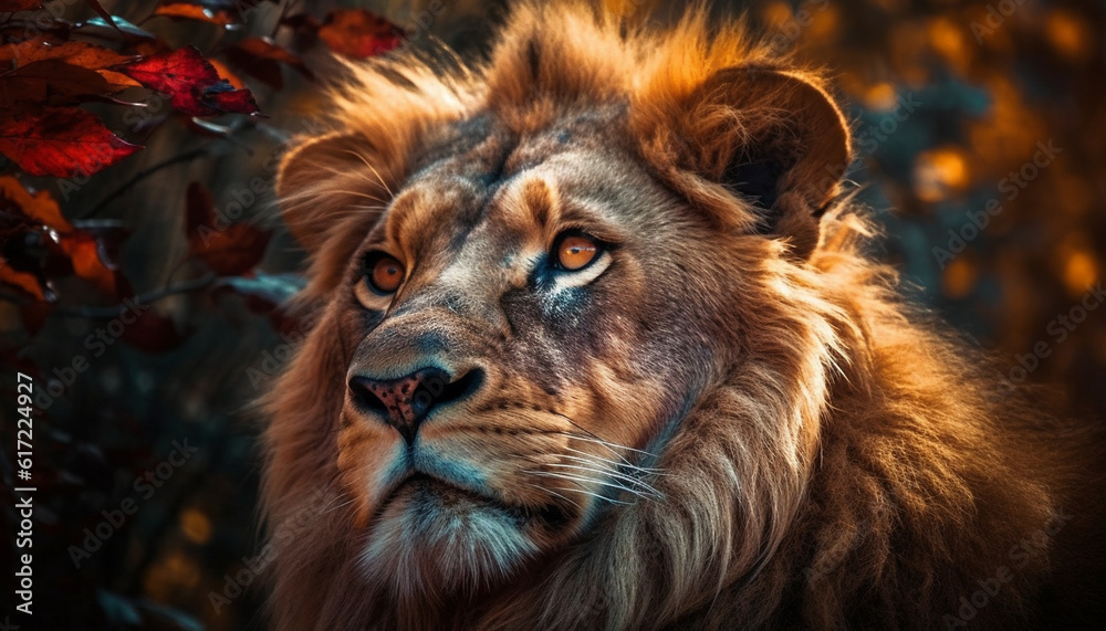 Majestic lion close up portrait, staring at camera in savannah generated by AI