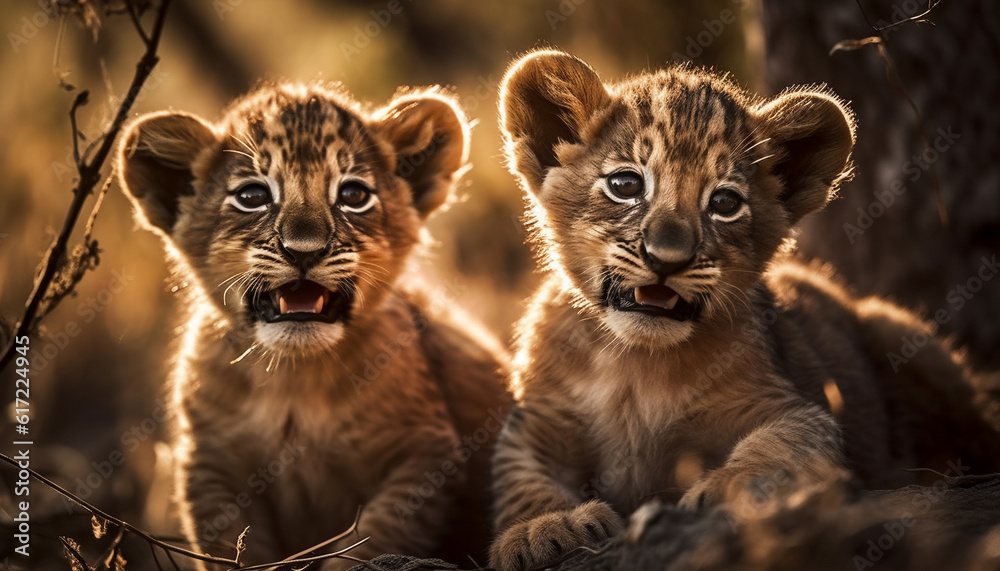 Young tiger cub playing, staring at camera in African grasslands generated by AI