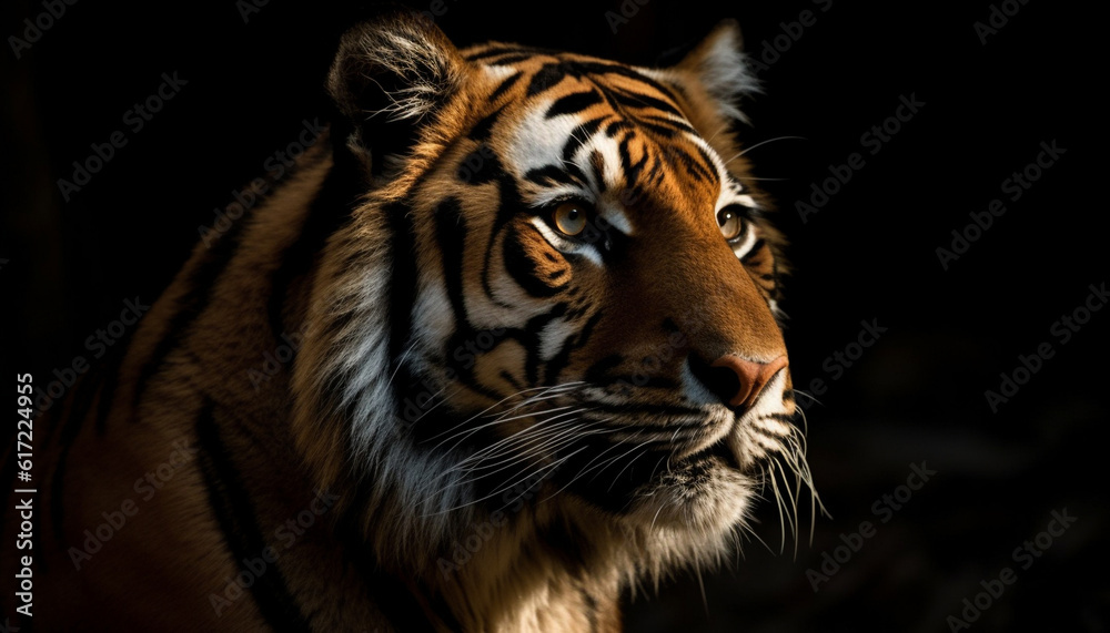 Endangered Bengal tiger staring with aggression in tropical rainforest portrait generated by AI