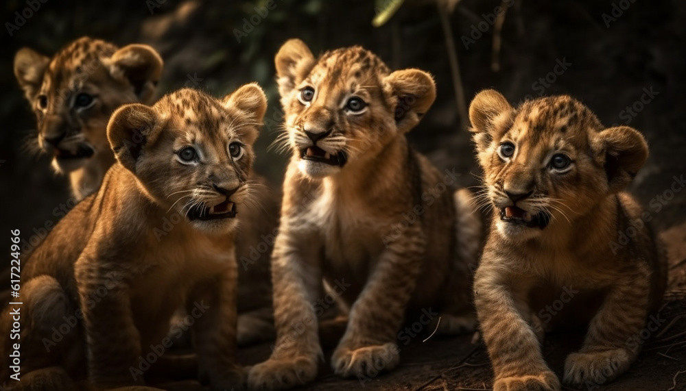 Endangered lion cub staring at camera in African grasslands generated by AI