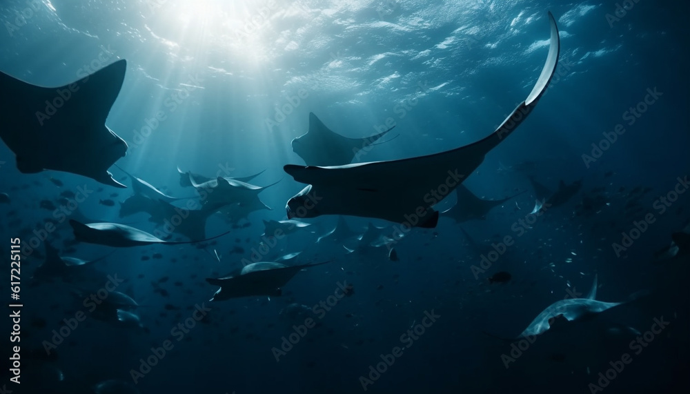 Majestic manta ray swimming below a school of fish generated by AI