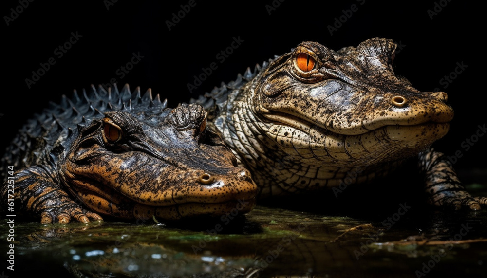 Endangered crocodile and alligator show aggression in African swamp generated by AI