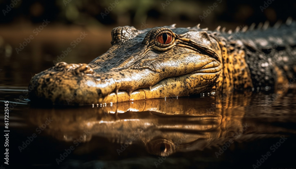 Close up of crocodile teeth in wetland, reflecting tropical climate generated by AI