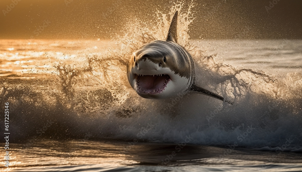 Majestic mammal jumps in the sea, teeth bared, waves crashing generated by AI