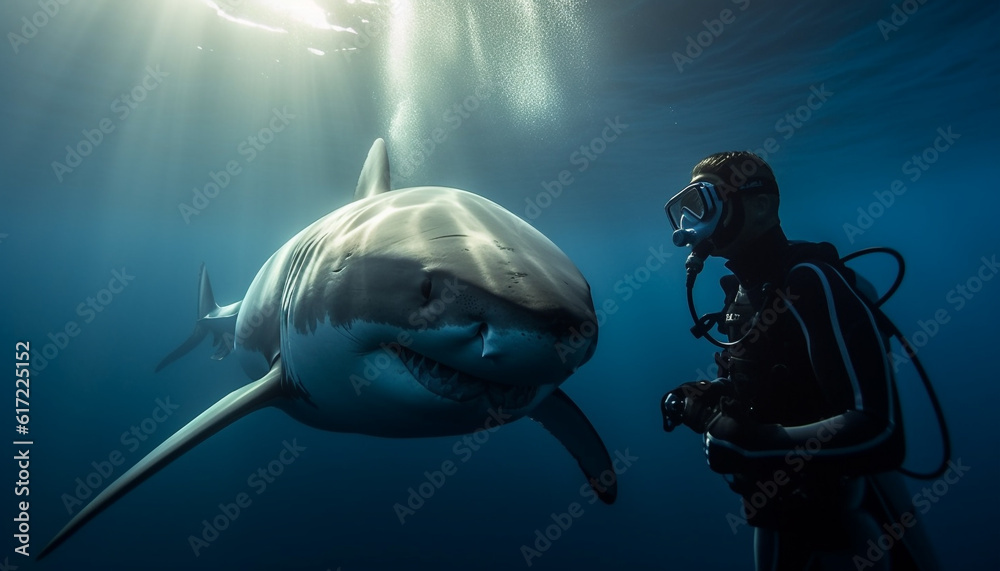 One person diving into deep blue sea, encountering large reef generated by AI