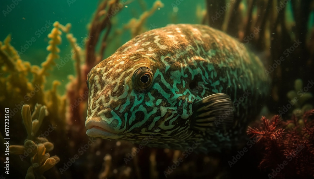 Close up of multi colored fish swimming in tropical coral reef generated by AI