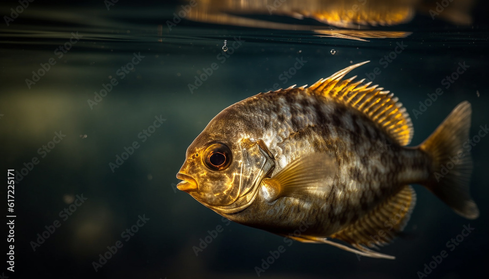 Yellow goldfish swimming in freshwater pond, beauty in nature generated by AI