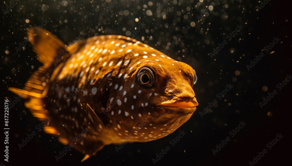 Spotted fish swimming in underwater reef, beauty in nature generated by AI