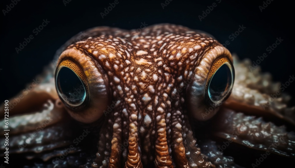 Multi colored octopus in underwater reef, looking at camera with tentacles generated by AI