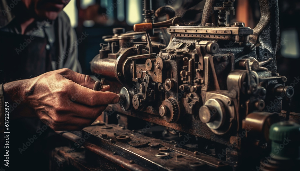 Caucasian male holding wrench, turning old fashioned lathe in metal workshop generated by AI