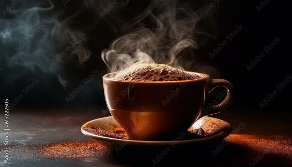 Hot steam rises from rustic coffee mug on wooden table generated by AI