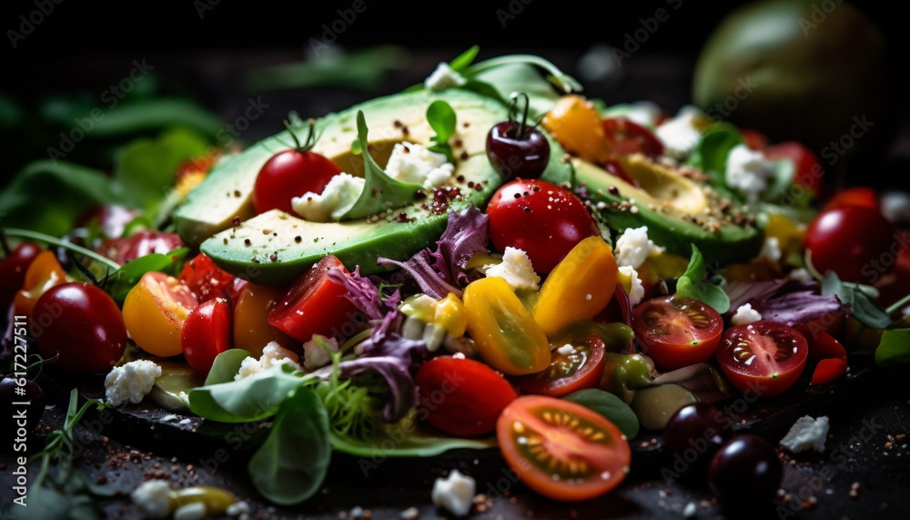 Fresh gourmet salad with grilled meat and multi colored vegetables indoors generated by AI