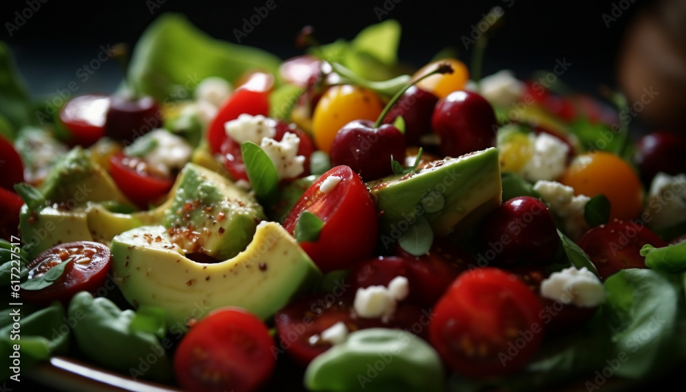 Fresh salad with multi colored vegetables, mozzarella, and avocado slices generated by AI