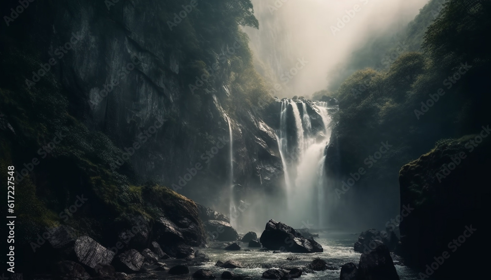 Tranquil scene of majestic mountain range with flowing water and fog generated by AI