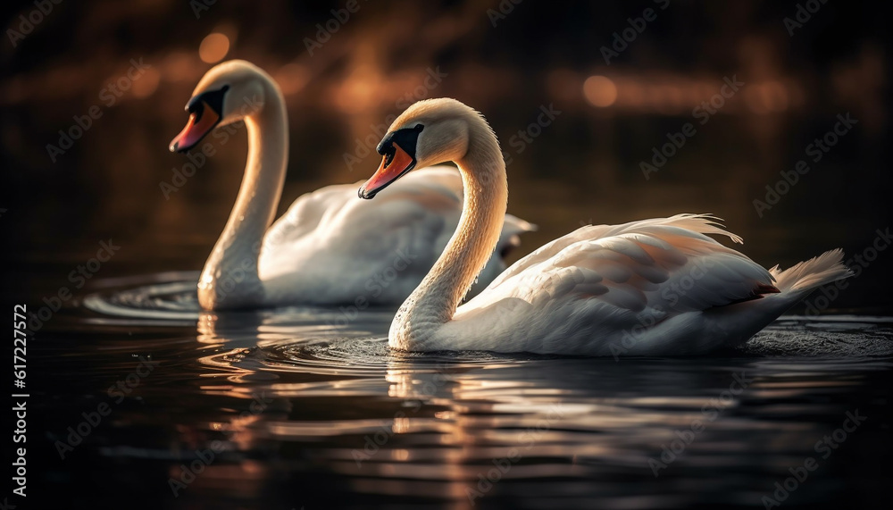 Majestic swan family swimming in tranquil autumn pond at sunset generated by AI