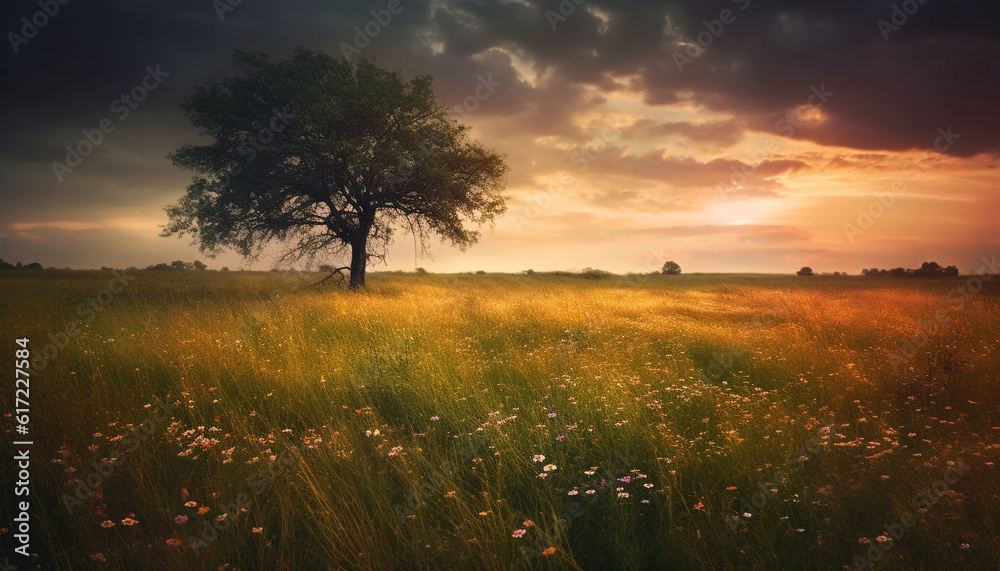 Vibrant sunset silhouettes tree in idyllic meadow landscape scenery generated by AI