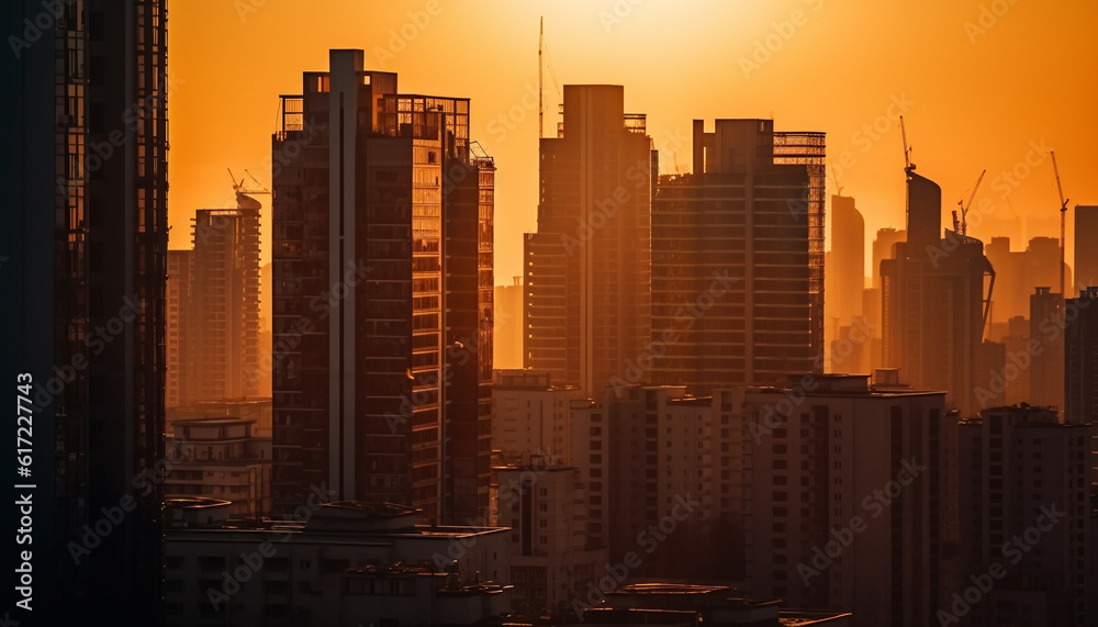 Silhouette of modern skyscraper in panoramic cityscape at dusk generated by AI