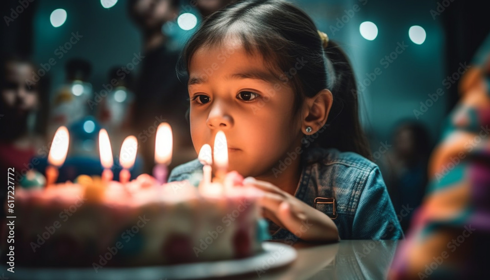 Cute Caucasian girl smiling, enjoying birthday celebration with family indoors generated by AI