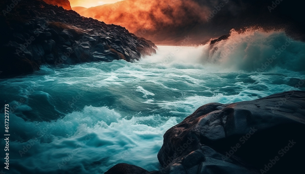 Beauty in nature Mountain range, sunset, wave, flowing water, adventure generated by AI