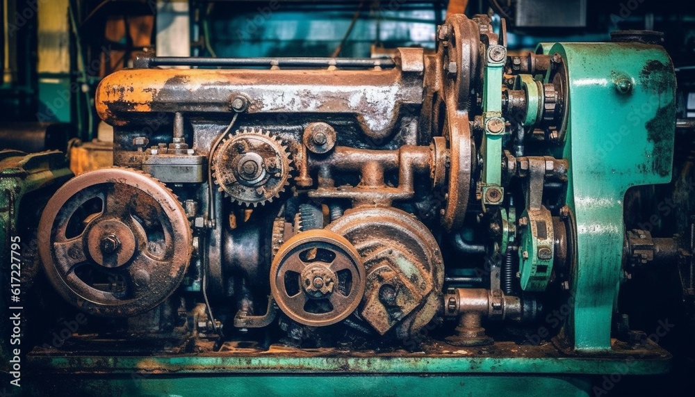 Rusty metalworker repairs old machinery in industrial workshop using wrench generated by AI