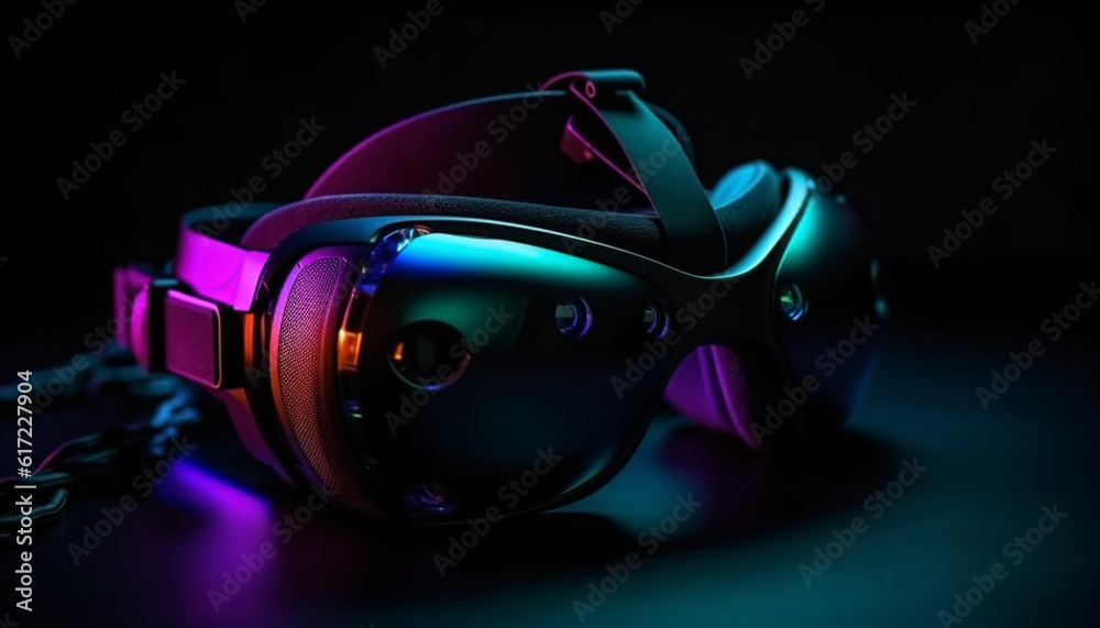 Futuristic cyborg wearing protective eyewear watches virtual reality simulator generated by AI